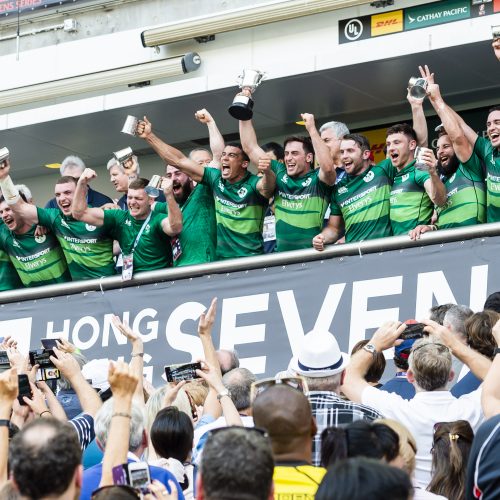 HSBC World Rugby Sevens Series Qualifier Final, Hong Kong Stadium, Hong Kong 7/4/2019
Ireland vs Hong Kong
Ireland's Billy Dardis lifts the trophy and celebrates winning the final with teammates
Mandatory Credit ©INPHO/Yu Chun Christopher Wong